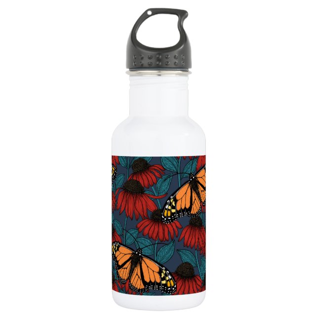 Monarch butterfly on red coneflowers stainless steel water bottle (Front)