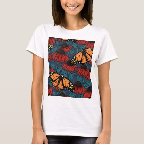 Monarch butterfly on red coneflowers  T_Shirt