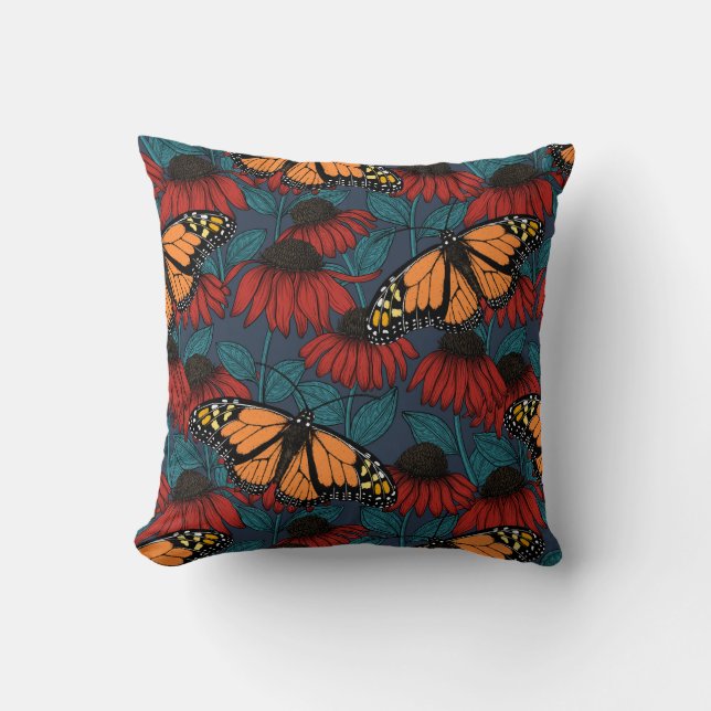 Monarch butterfly on red coneflowers throw pillow (Front)