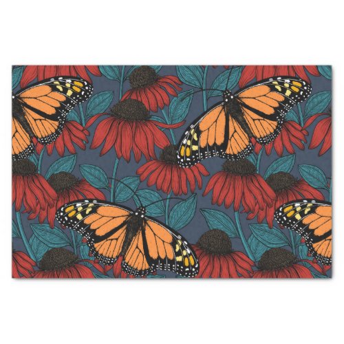 Monarch butterfly on red coneflowers tissue paper