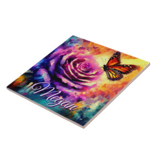 Monarch Butterfly on Rose at Sunset Personalized Ceramic Tile