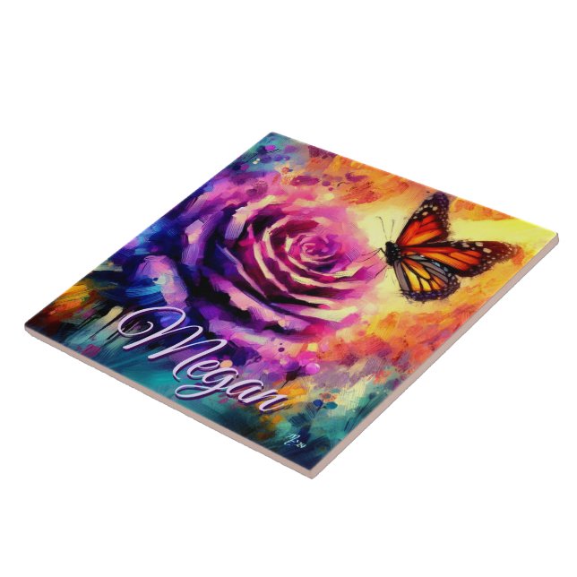 Monarch Butterfly on Rose at Sunset Personalized Ceramic Tile (Side)