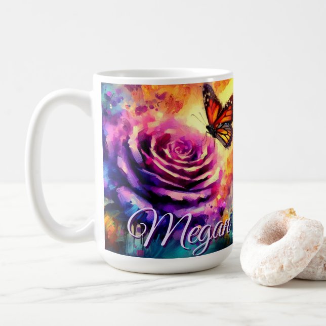 Monarch Butterfly on Rose at Sunset Personalized Coffee Mug (With Donut)