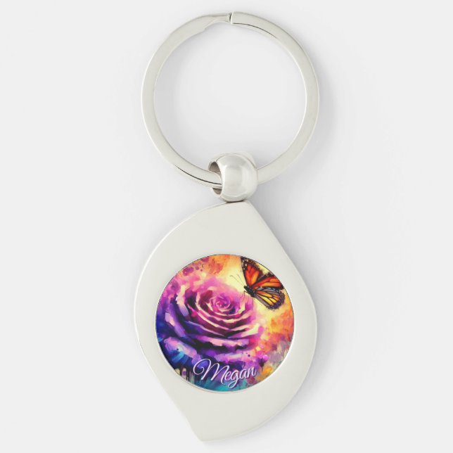 Monarch Butterfly on Rose at Sunset Personalized Keychain (Front)