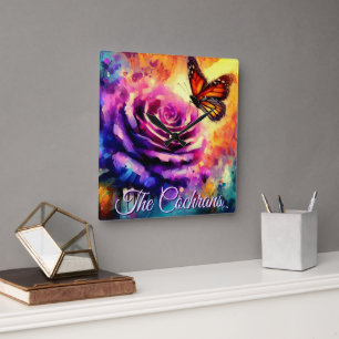 Monarch Butterfly on Rose at Sunset Personalized Square Wall Clock