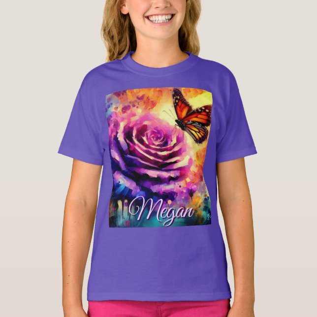Monarch Butterfly on Rose at Sunset Personalized T-Shirt (Front)