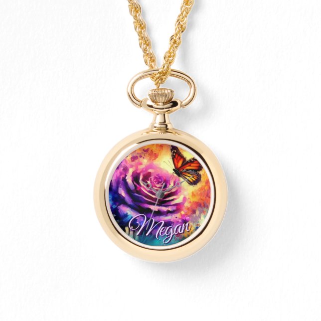 Monarch Butterfly on Rose at Sunset Personalized Watch (Front)