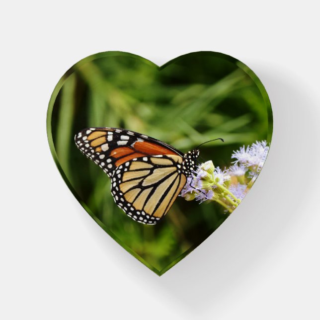 Monarch Butterfly on Wildflowers Glass Heart Paperweight (Front)