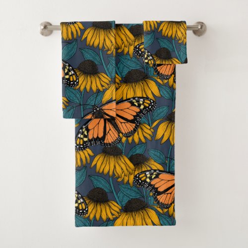 Monarch butterfly on yellow coneflowers bath towel set