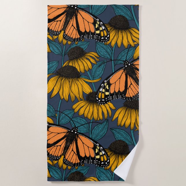 Monarch butterfly on yellow coneflowers beach towel (Front)