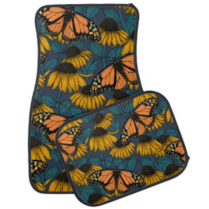 Monarch butterfly on yellow coneflowers car floor mat