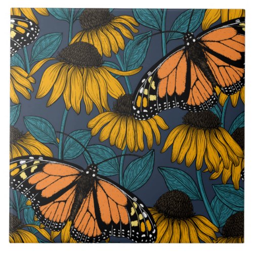 Monarch butterfly on yellow coneflowers ceramic tile