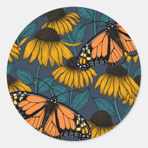 Monarch butterfly on yellow coneflowers classic round sticker