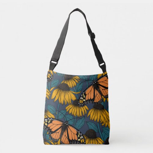 Monarch butterfly on yellow coneflowers crossbody bag