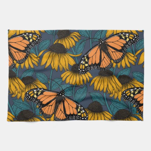 Monarch butterfly on yellow coneflowers kitchen towel