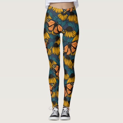 Monarch butterfly on yellow coneflowers leggings