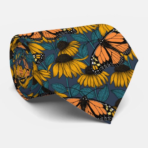 Monarch butterfly on yellow coneflowers neck tie