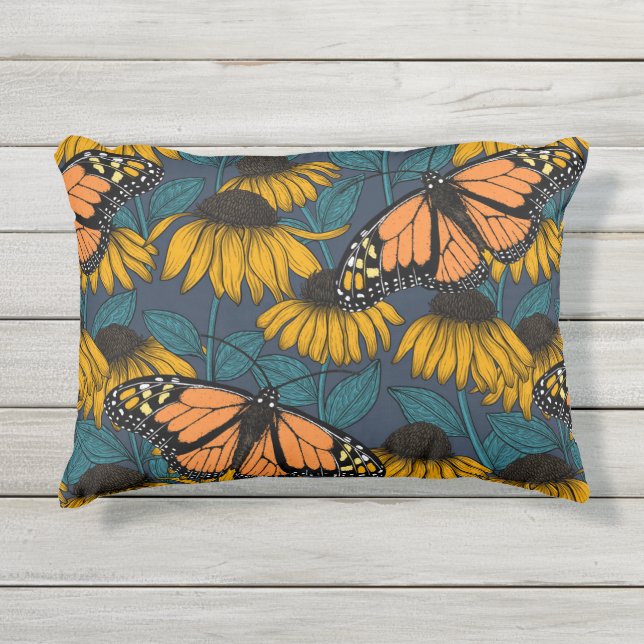 Monarch butterfly on yellow coneflowers outdoor pillow (Front)