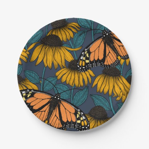 Monarch butterfly on yellow coneflowers paper plates