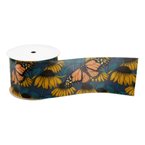 Monarch butterfly on yellow coneflowers satin ribbon