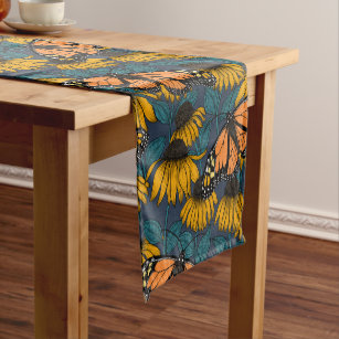 Monarch butterfly on yellow coneflowers short table runner