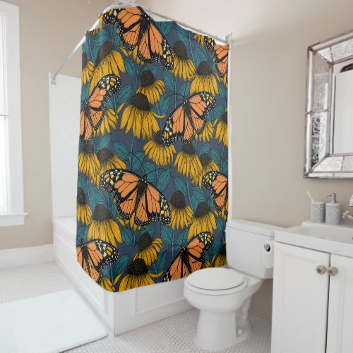 Monarch butterfly on yellow coneflowers shower curtain