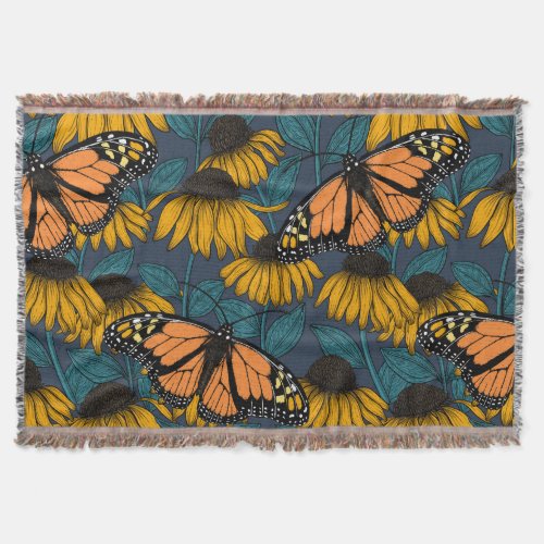 Monarch butterfly on yellow coneflowers throw blanket