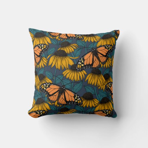 Monarch butterfly on yellow coneflowers throw pillow