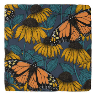 Monarch butterfly on yellow coneflowers trivet