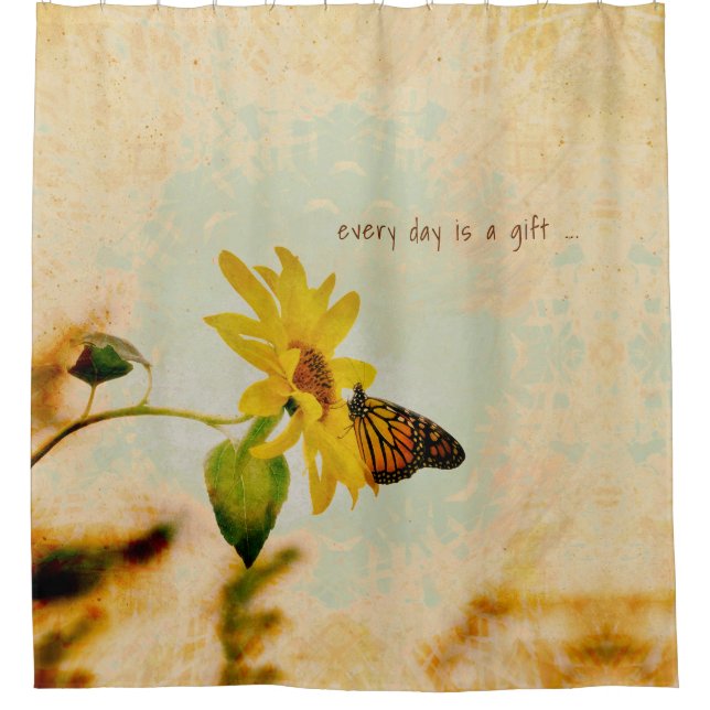 Monarch Butterfly on Yellow Flower Subtle Grunge Shower Curtain (Front)