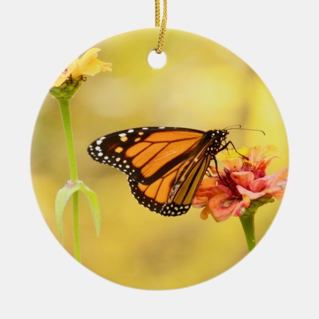 Monarch Butterfly on Zinnia Ceramic Ornament (Front)