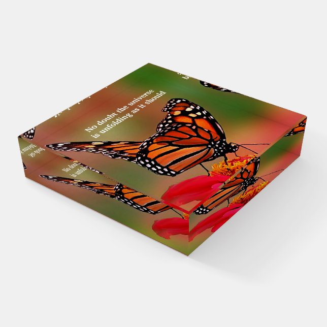 Monarch Butterfly On Zinnia, Desiderata Quote Paperweight (Angled)