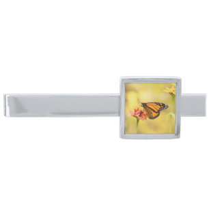 Monarch Butterfly on Zinnia Silver Finish Tie Clip