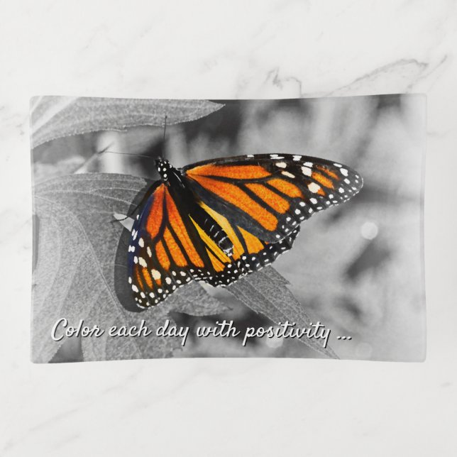 Monarch Butterfly Orange Black Monochrome Leaf Trinket Tray (Front)