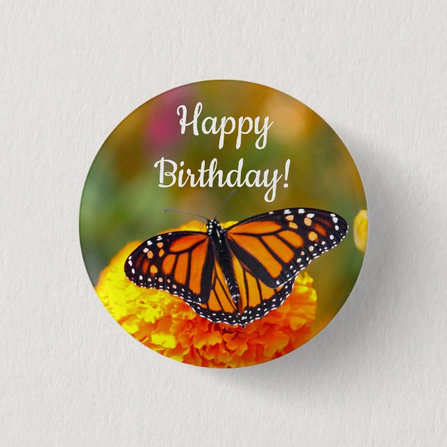 Monarch Butterfly Orange Marigold Photo Birthday Button (Front)