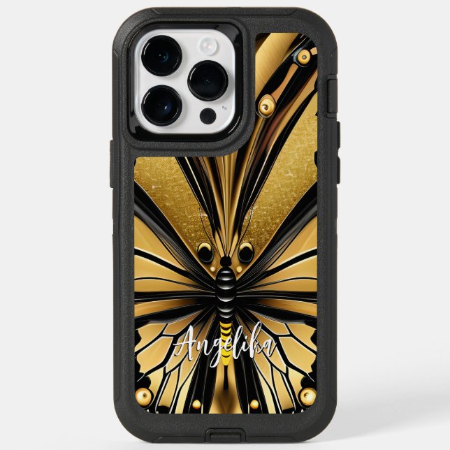 Monarch Butterfly Personalized Name Gold and Black Otterbox iPhone Case (Back)