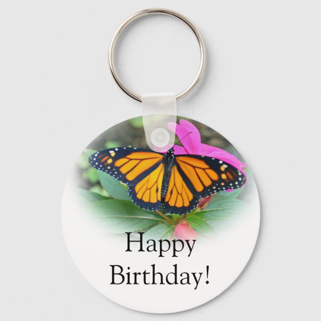 Monarch Butterfly Pink Floral Photo Birthday Keychain (Front)