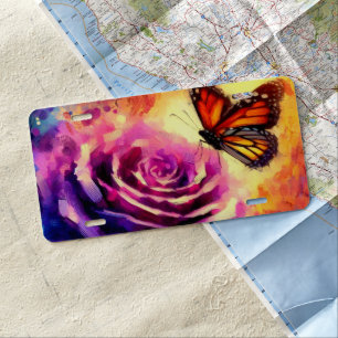 Monarch Butterfly Purple Rose Sunset Birthday Card License Plate