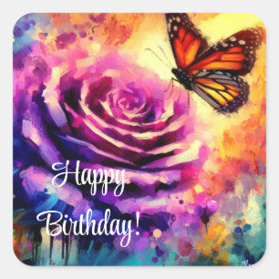 Monarch Butterfly Purple Rose Sunset Birthday Card Square Sticker