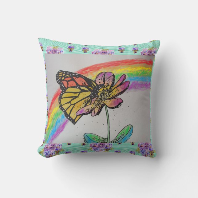 Monarch Butterfly Rainbow Painting Aqua Cushion (Front)