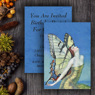 Monarch Butterfly Red Hair Vintage Fairy Birthday Invitation