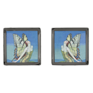 Monarch Butterfly Red Hair Vintage Fairy Gunmetal Finish Cufflinks