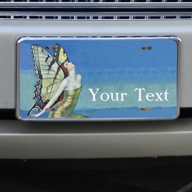 Monarch Butterfly Red Hair Vintage Fairy License Plate (Red haired fairly golden dress with monarch butterfly wings under blue sky on license plate.)