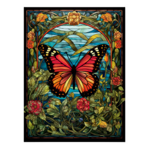 Monarch Butterfly Stained Glass Window Design Poster