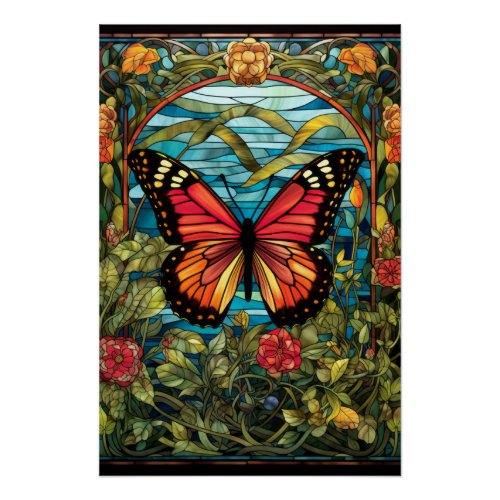 Monarch Butterfly Stained Glass Window Design Poster