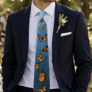 Monarch Butterfly Teal Blue Ombre Nature Pattern Neck Tie