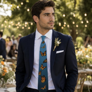 Monarch Butterfly Teal Blue Ombre Nature Pattern Neck Tie