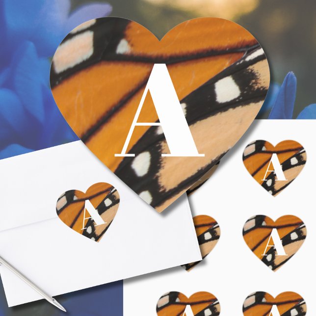 Monarch Butterfly Wing Initial Orange and Black Heart Sticker (Monarch butterfly wing sticker seals make a lovely addition to envelopes, favor bags, or gifts!)