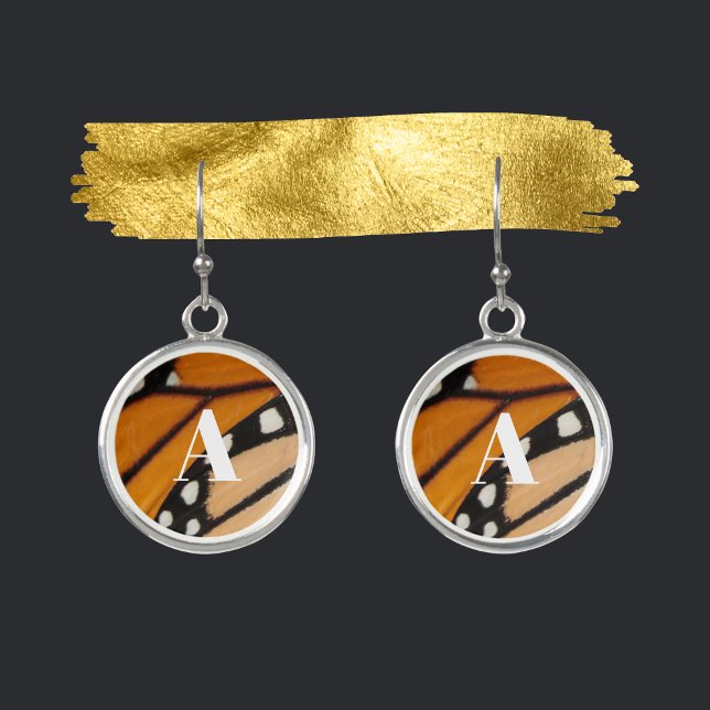 Monarch Butterfly Wing Pattern Orange and Black Earrings (Customize these unique monarch butterfly wing earrings  with a custom initial.)