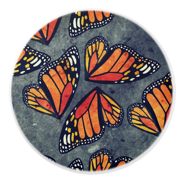 Monarch Butterfly Wings Trio Grey Marbled Ceramic Knob (Front)